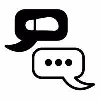 Two speech bubbles, the first one on the left with a shoeprint and the second one on the right with the typing symbol